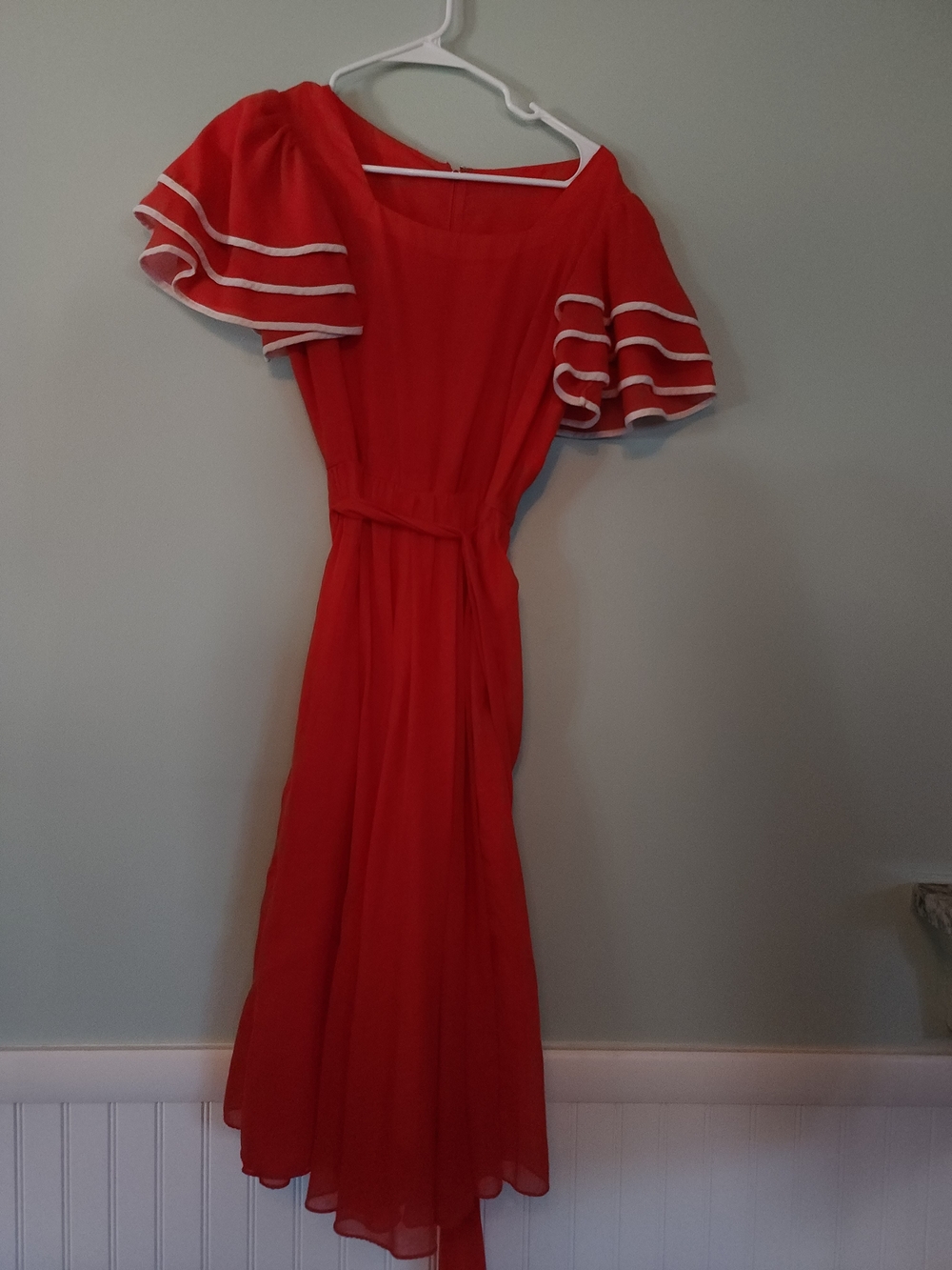 Miss Elliette Red Midi Dress with White Trim Flutter Sleeves